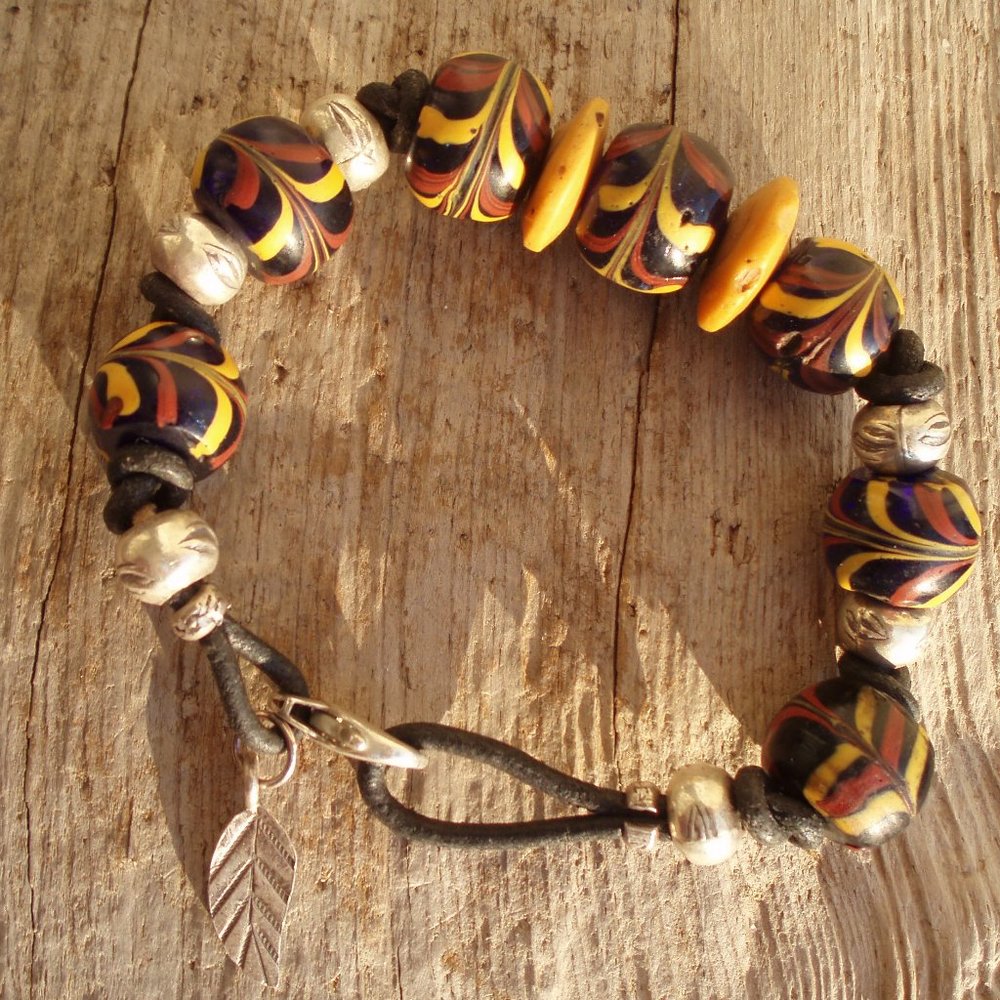 African feather tradebead genuine fine silver and leather bracelet